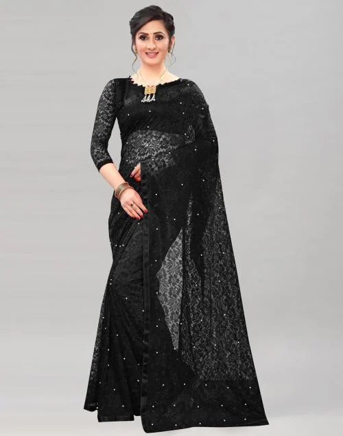 Siril Net Black Color Net Saree with Blouse piece | sarees for Women| saree | sarees