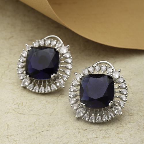 ZENEME Rhodium-Plated Navy Blue & White American Diamond studded Contemporary Round Stud Earrings