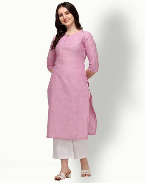 serving princess Women Pink Solid Cotton Blend Straight Kurta - XL