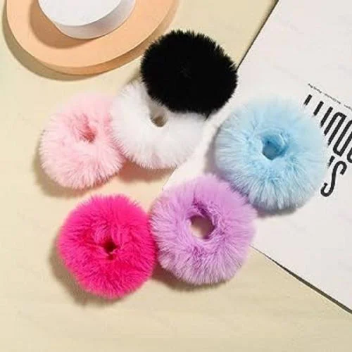 THE MAXIM Fur Hair Scrunchies Rabbit Furry Hair Ties Pack of 6