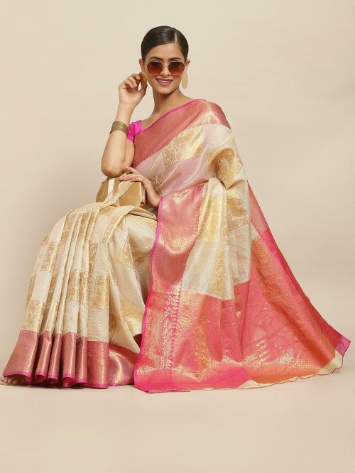 Magenta-Pink & Beige Pure Kanchipuram Handloom Silk Saree – Palam Silks