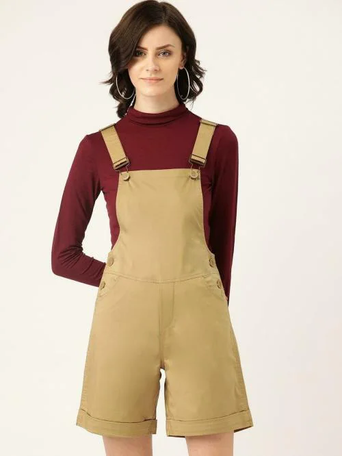 UR SENSE Women Khaki Solid Pure Cotton Dungaree