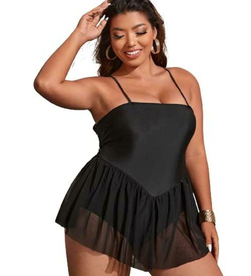 Plus Curvves Plus Size Black Ruffle Open Back One Piece Swimsuit - XL