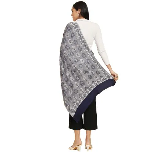 CROSHIA Women's Woolen Floral Design Light weight Stole (Navy Blue)