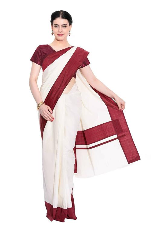 Fashionkiosks Women Pure Cotton Kerala Kasavu Saree With Matching Blouse Piece