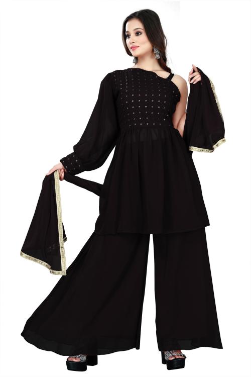 Rudra Fashion Mart Women Black Embroidered Georgette Kurta With Pyjama And Dupatta Set (Xxl)