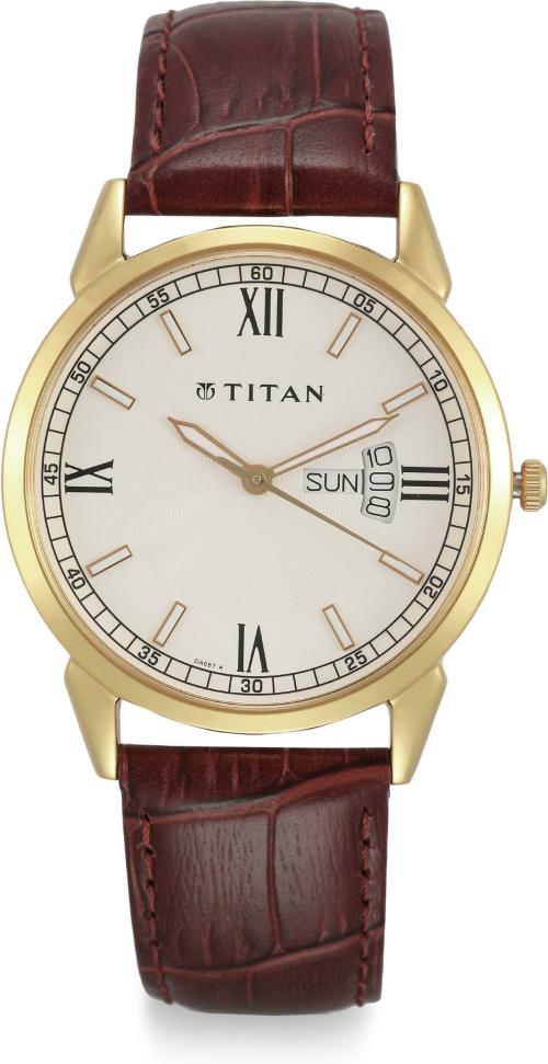 Titan White Dial Brown Strap Analog Watch For Men - (1521YL08)
