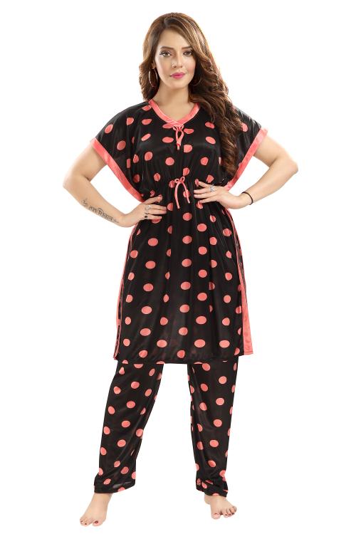 COLOR MAGIC Women Zero Peach Printed Satin Knee Length Kaftan Night Suit Set - 2XL