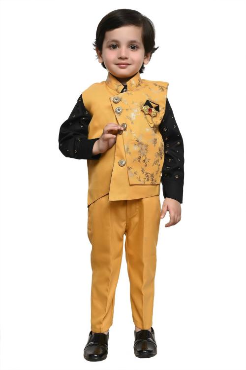 Kuwarsha Boys Yellow Self Design Cotton Blend Shirt With Waistcoat And Pant (6 - 7 Years)