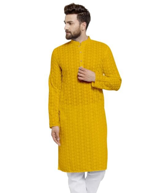 TREEMODA Yellow Chikankari Lucknowi Jaal Embroidered Kurta For Men