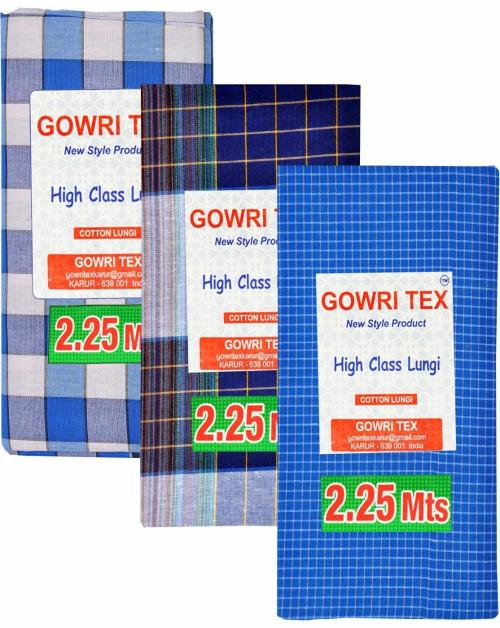 GOWRI TEX Men Multicolor Checkered Pure Cotton Lungi - Free Size (Pack of 3)