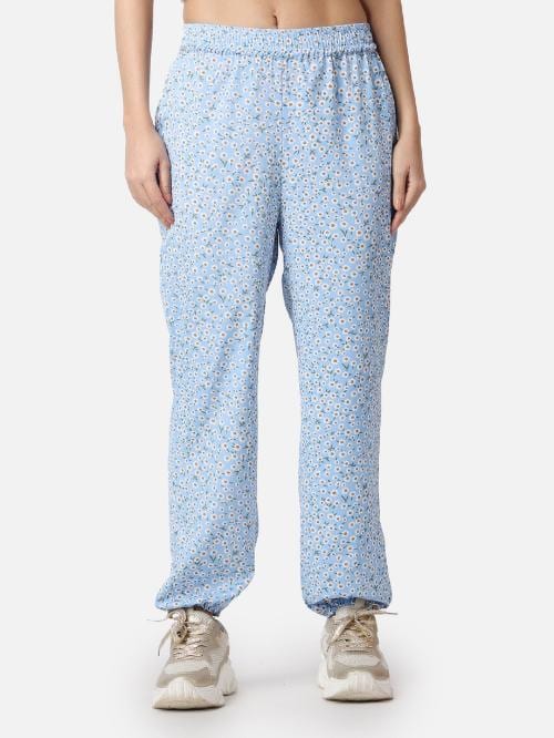 Popwings Women Casual Sky Blue Floral Printed Regular Relaxed Loose Fit Full Length Joggers