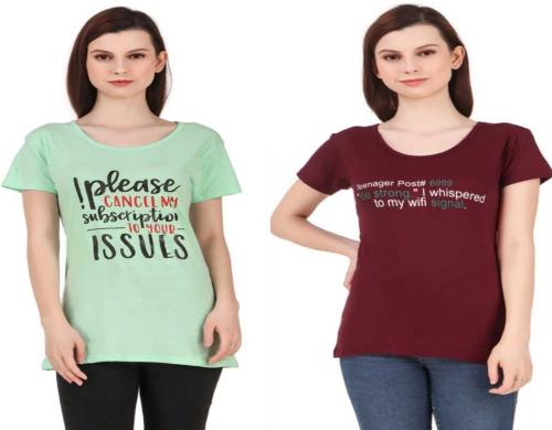 HighSeas Women Multicolor Printed Cotton Blend Round Neck T-Shirts - L (pack of 2)