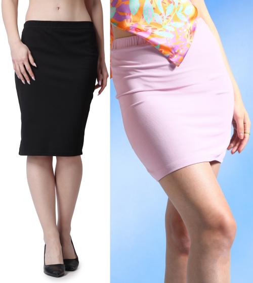Popwings Women Casual Solid Pink and Black Pencil Skirt (Pack of 2 Skirts)