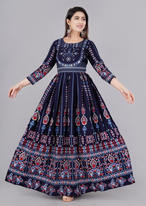 Blue Floral Print Rayon Fabric Designer Rayon Women Wear Kurtas Dress