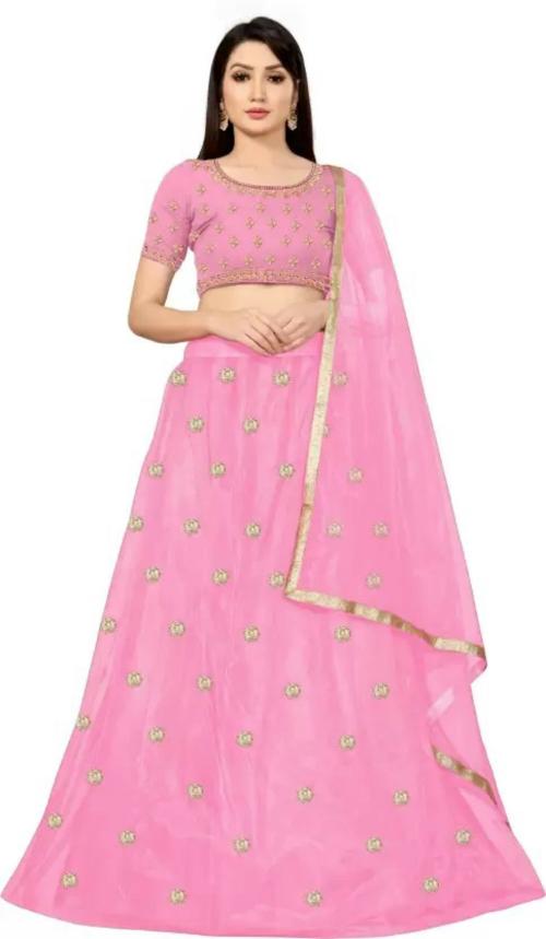 Vajiba Women Multicolor Embroidered Net Party Semi Stitched Lehenga Choli, Unstitched Blouse Piece