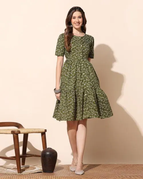 Fashion Dream Women Olive Floral Printed Cotton Tiered Dress | Dresses| Women Dress| Knee Length Dresses| Dress for Women| Women Casual Dress | Tiered Dress| Women Cotton Dress |Floral Printed Dress