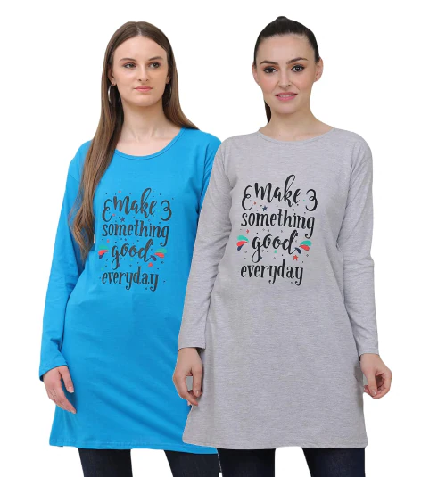 ILLUSTRIOUS Cotton Printed Full Sleeves Round Neck Regular Fit T-Shirts/Top/Long Night Wear T-Shirt for Women's & Girls (Pack of 2)