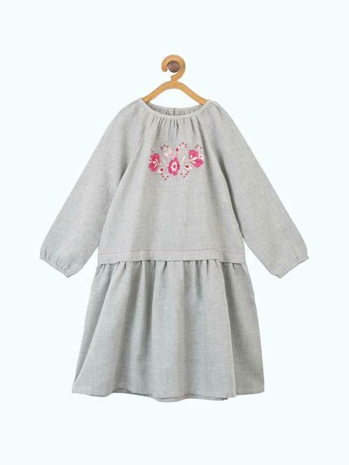 Miyo Baby-Girls Grey And Pink Embroidered Cotton Dress(9-10Y)