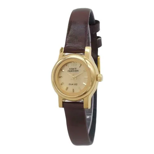 HMT FASHION Round Golden Dial Quartz Leather Strap Watch for Women and Girls HMTFG6500BR (Brown Leather Strap)
