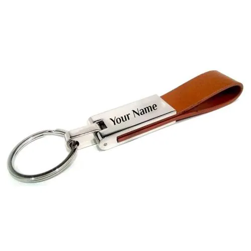 Giftana Personalized Keychain with Name, Modern Tan Leather Metal Key chain for Bike Office Home, Personalized Silver Keyring, Customized Name Engraved Keychain Gift For Men Husband Boyfriend Father