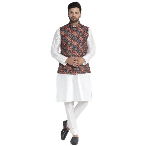 Bontestitch Men's Silk Blend White Kurta Pajama with Designer Ethnic Nehru Jacket | Modi Jacket | Waistcoat (Size: S, BLACK_ORANGE)