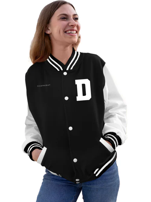 Black - Large Letter D Letterman Varsity Jacket For Women TeesTheDay