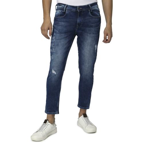 Mufti Mid Blue Ankle Length Distressed Stretch Jeans