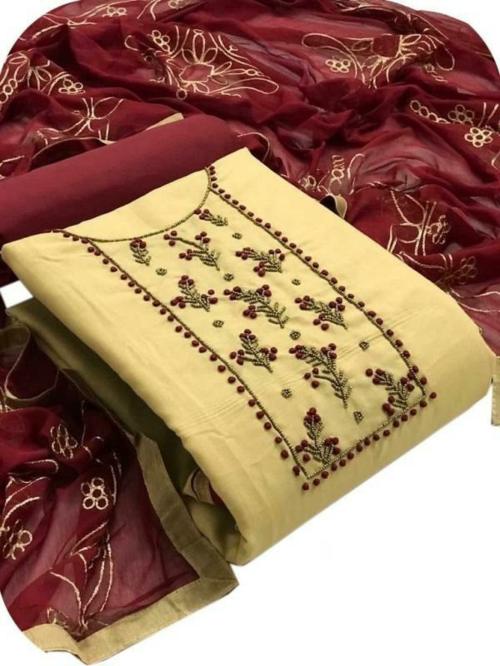Diva's Choice Women Beige Embellished Cotton Salwar Suit Material