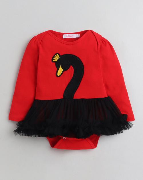 Hopscotch Baby Girls Cotton Full-Sleeve Graphic Print Party Dress In Red Colour For Ages 0-3 Months (BYN-2903638)