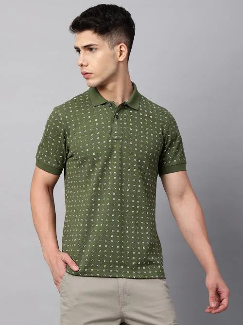Blue Buddha Men's Olive Green Printed Comfort Fit Polo T-shirt-221030497