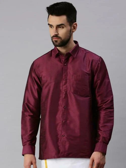 Ramraj Men Maroon Solid Spread collar Long sleeves Polyester Shirt & Dhoti Set.