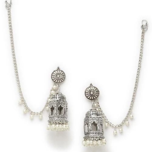 NAVMAV Oxidized Polish Temple Design Bahubali Jhumka Earring With Ear Long Chain For Girls Set of 1