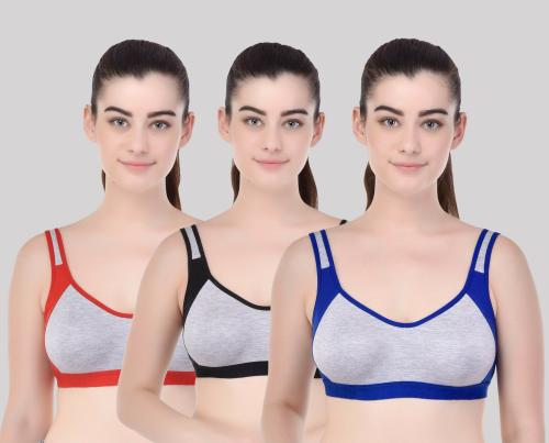 Sexy Bust Women Multicolor Solid Cotton Blend Pack Of 3 Sports Non Padded Bra (28B)