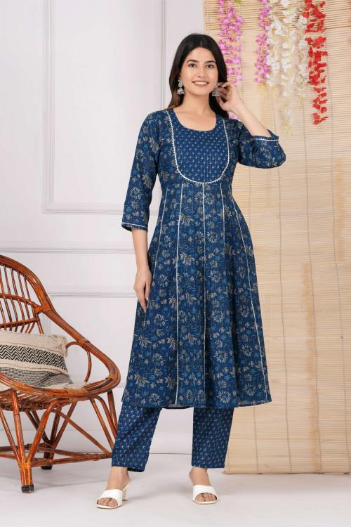 AVYCO Women's Printed Pure Cotton Gota Work Blue Anarkali Kurta Pant set