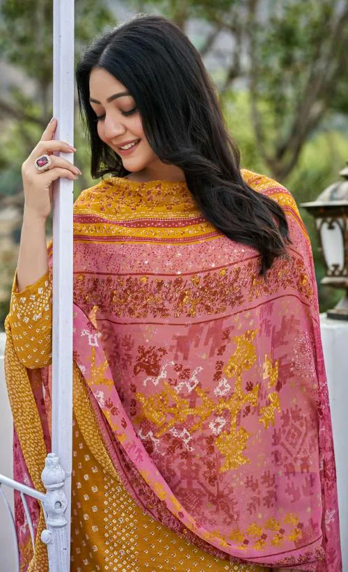 DRAVINAM Trends Unstitched Printed Mirror Work Jaipuri Yellow Cotton Salwar Suits Dress Material with Chiffon Dupatta Unstitched Dress Material For Women (Yellow)