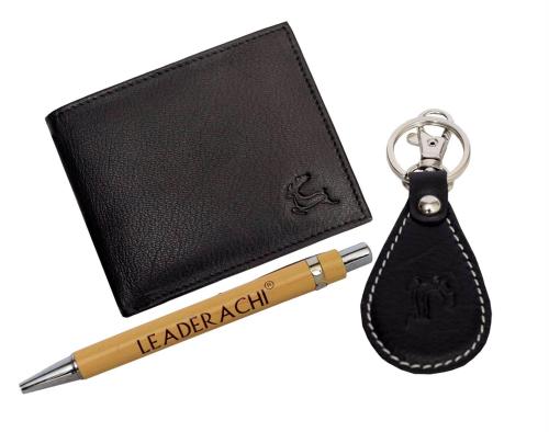 Leaderachi Men Leather Black Brown Wallet With Key Ring And Pen (Haleatherswkp-8008Bk)