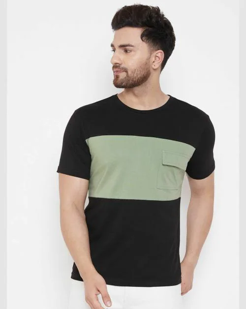 Gritstones Solid Men Round Neck Green, Black T-Shirt