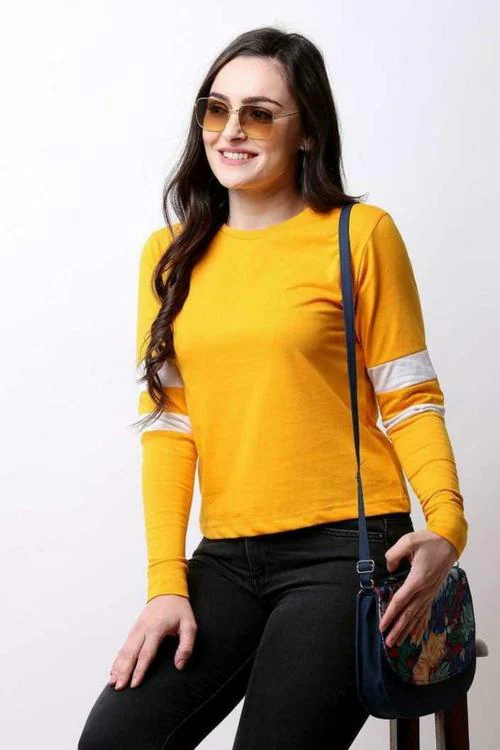 Nice Queen Women Yellow Striped Cotton Blend T-Shirts (XXL)