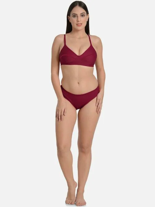 DHANDAI FASHION Women Maroon Solid Cotton Blend Bra and Panty Set