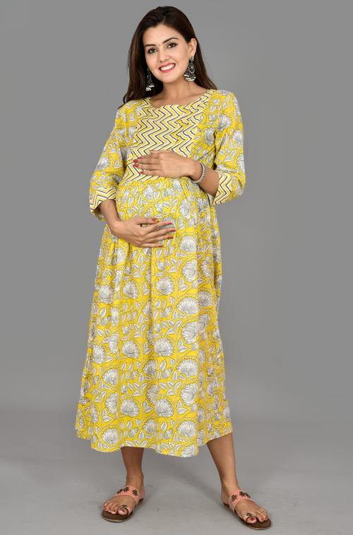 Negen Women's Cotton Printed Long Maternity Dress/Easy Breast Feeding/Breastfeeding Kurti/Ethnic Dress with Zippers for Nursing