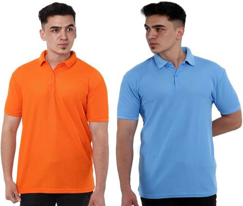 VANCHER Men Light Blue, Orange Solid Cotton Blend Pack of 2 Polo Neck T Shirt