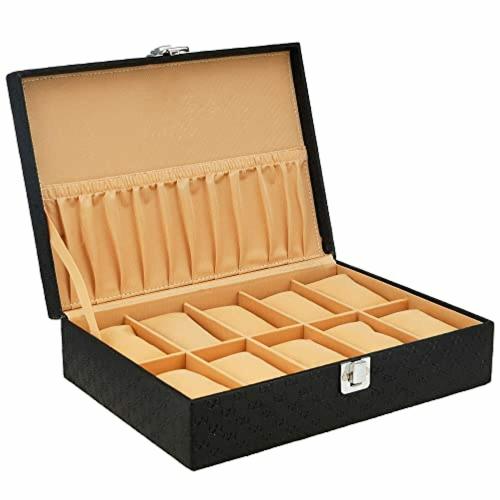 LEDO Men's and Women's PU Leather Watch Box Organizer Holder in Royal Black Color with 10 Slots of Watches