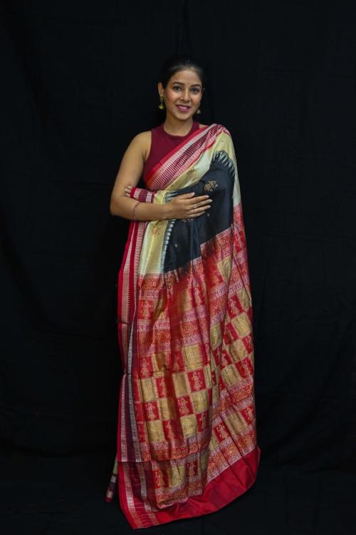 BigRayn Black Cream Doll Kathifera Border Odisha Handloom Bomkai Silk Saree-Odisha Weaves