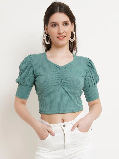 Popwings Casual Solid Pastel Green Rib Self Design Women Crop Tops ! Sweetheart Neck White Ribs Self Styling Girls Crop Top