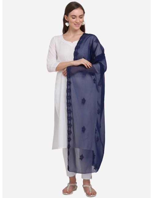 Navy Blue Chiffon Embroidered Dupatta