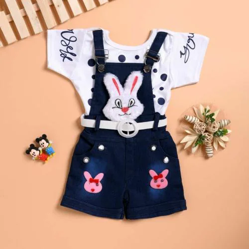 MYTEX FASHION Casual Printed T-Shirt and Rebit Design Dungaree For Baby Girls | White T-shirt and Dark Blue Dungaree | Dungree | Baby Girl Dress | Kids Cloth | Fabric - Denim Jeans | Size-0-3M