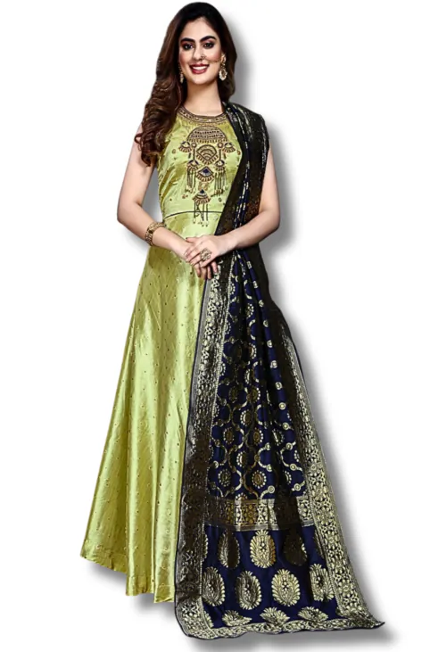 Ilyana Women Green Color Bamboo Silk Gown With Brocket Dupatta (M)