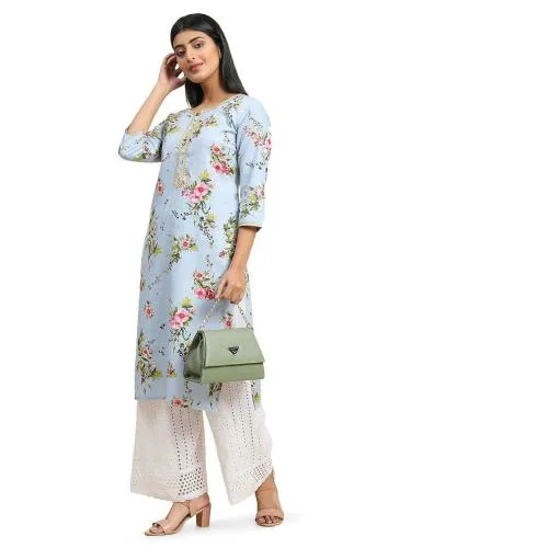 AVANSHEE Women's Floral Printed Cotton Blend Straight Kurti (XXX-Large, Grey)