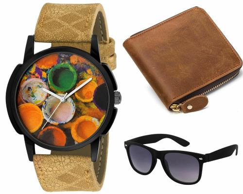 Timebre Colors Fun Leather Analog Watch with Leather Brown Zipper Wallet and Wayfare Sunglasses With Box